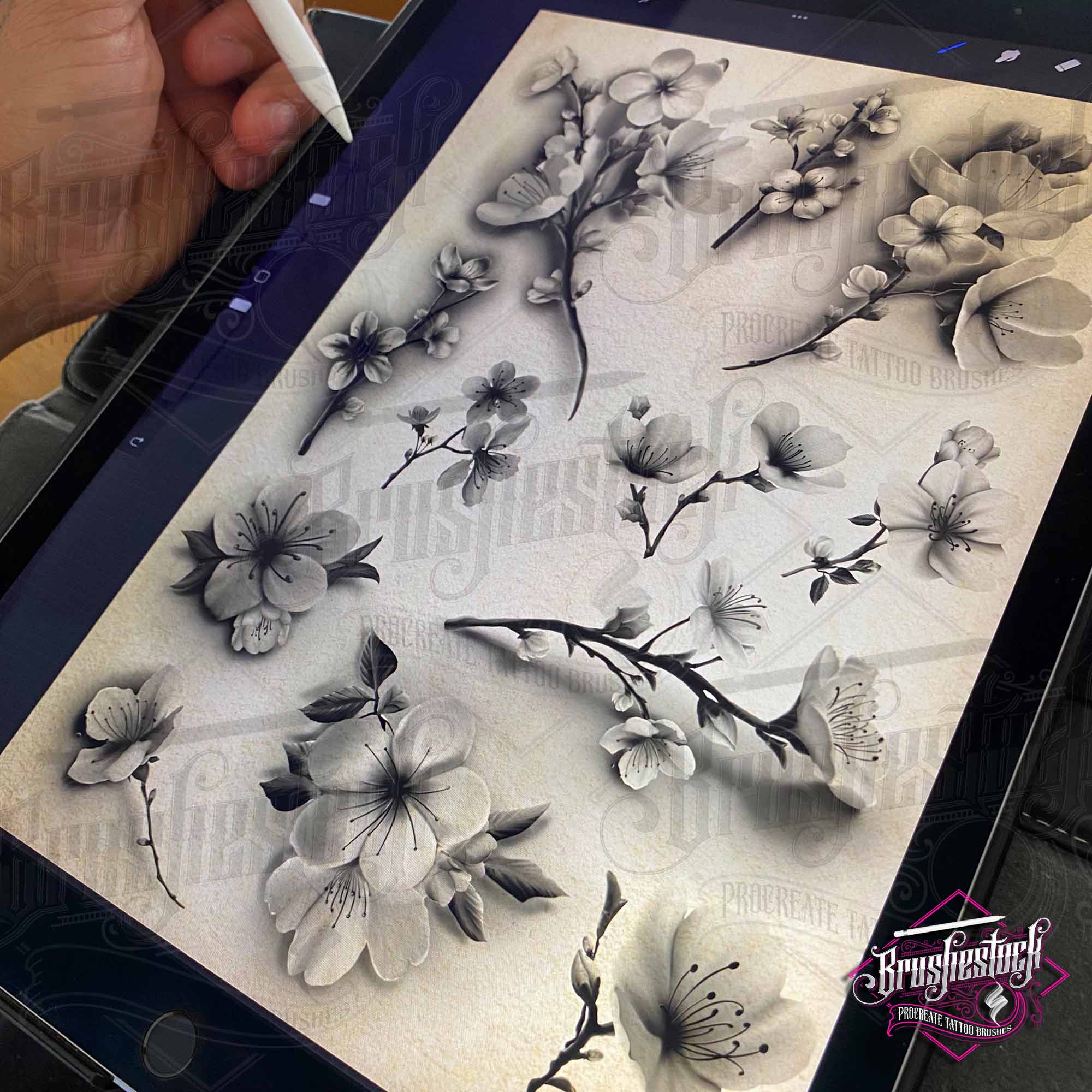 60 Cherry Blossom Tattoo Brushes for Procreate - Black & Grey Realism ...