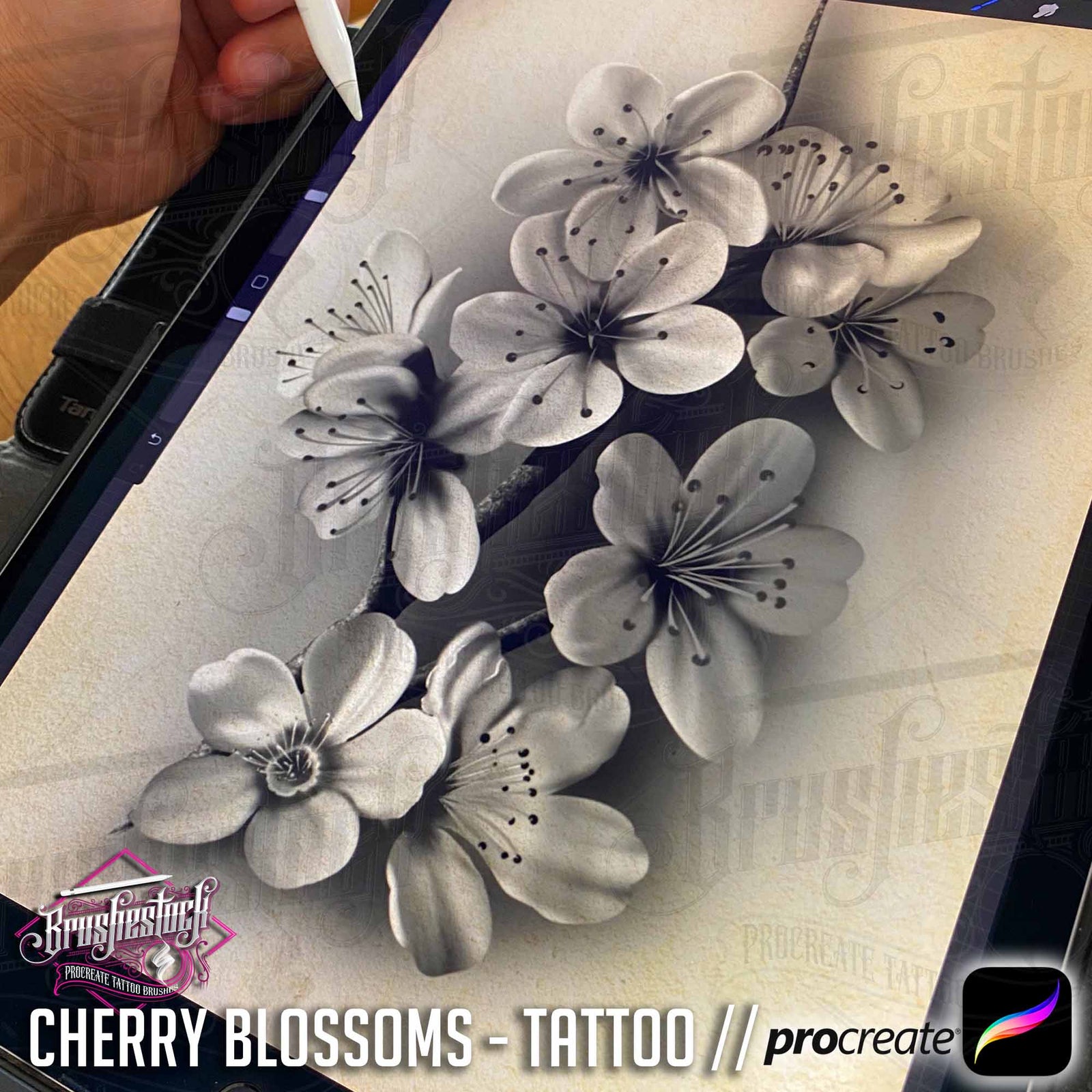 Cherry Blossom Tattoos // Procreate Brushset, image size:1600x1600