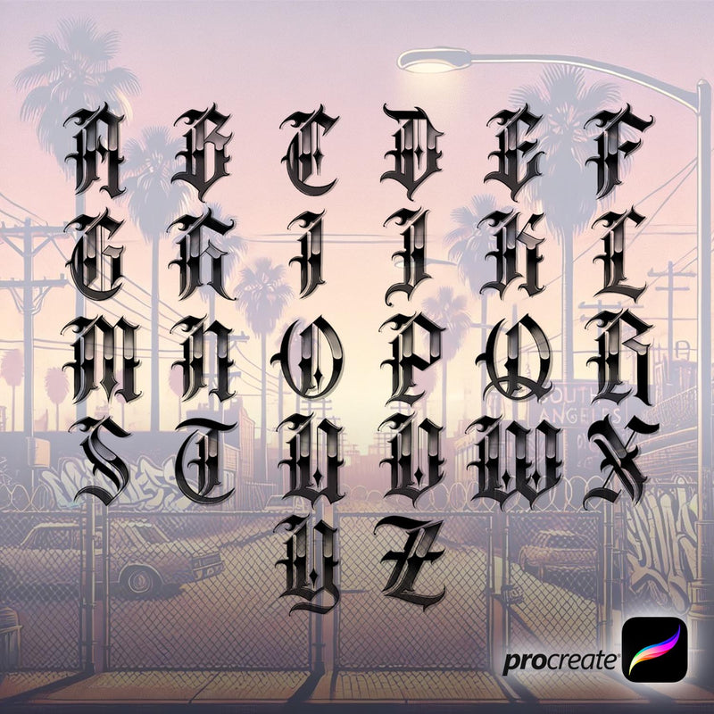 "SOUTH CENTRAL GOTHIC" Tattoo Alphabet // Procreate