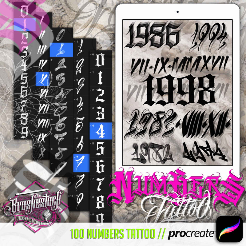 100 Chicano Tattoo Numbers Brush Pack Volume 2 for Procreate application on iPad and iPad pro