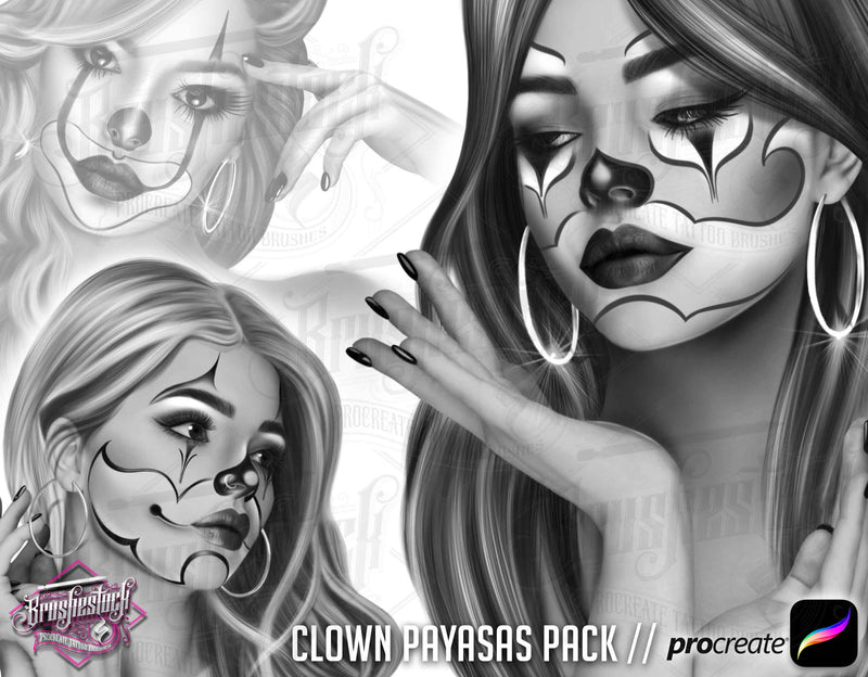 20 Payasa Tattoo Clown Girls in Black and Grey Chicano Tattoo Procreate Brushes for iPad and iPad pro by Brushestock