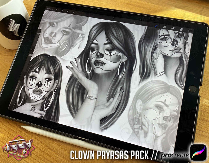 26 Payasa Tattoo Clown Girls in Black and Grey Chicano Tattoo Procreate Brushes for iPad and iPad pro by Brushestock