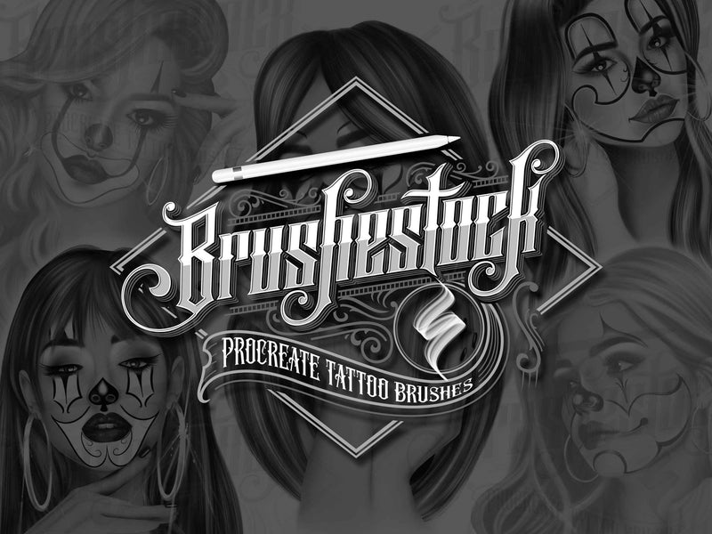 20 Payasas Tattoo Clown Girls in Black and Grey Chicano Tattoo Procreate Brushes for iPad and iPad pro by Brushestock