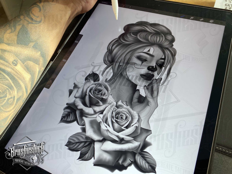 Black and Grey Roses & Clown Chicano Girl  Tattoo Procreate Brushes for iPad and iPad pro by Brushestock