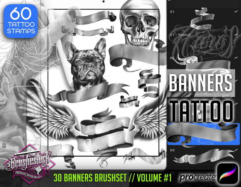 30 Banners Tattoo Brushes for Procreate application by Brushestock