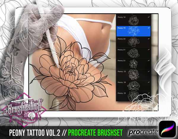 36 Peony Tattoo Procreate brushes for iPAd and iPAd pro by Brushesctock