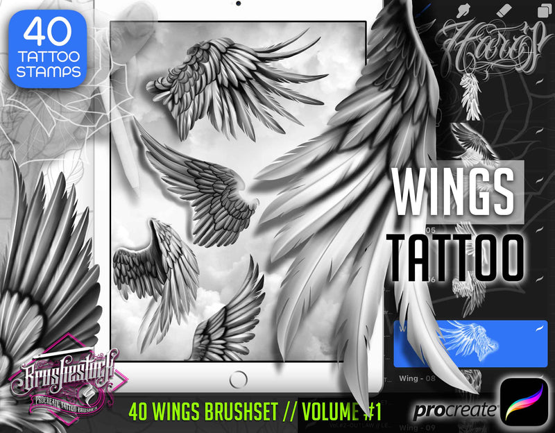 40 Realistic Wings Tattoo Stamps & Brushes for Procreate app iPad and iPad pro