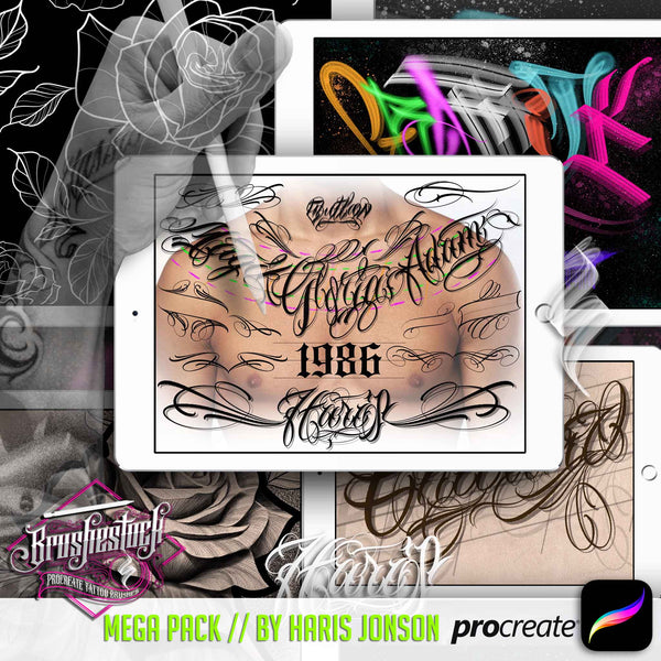 7 Lettering Roses Whip Shading Numbers Tattoo pack for Procreate application by Haris Jonson