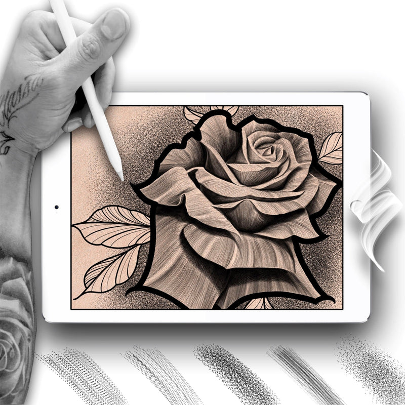 10 brushes designed for created Black and Grey Tattoo Whip Shading for Procreate application