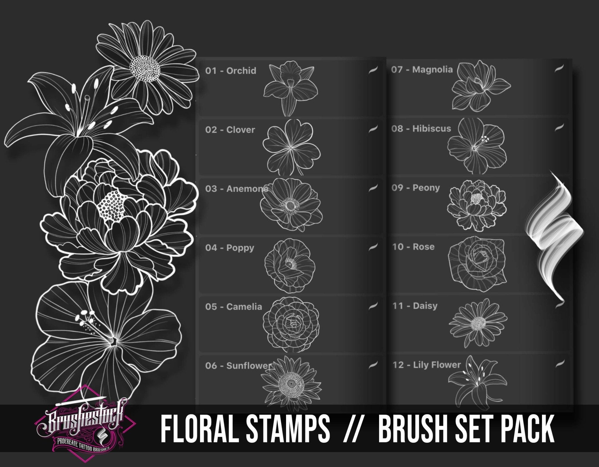 104 Floral Procreate Tattoo Brushes & Stamps compatible with iPad and ...