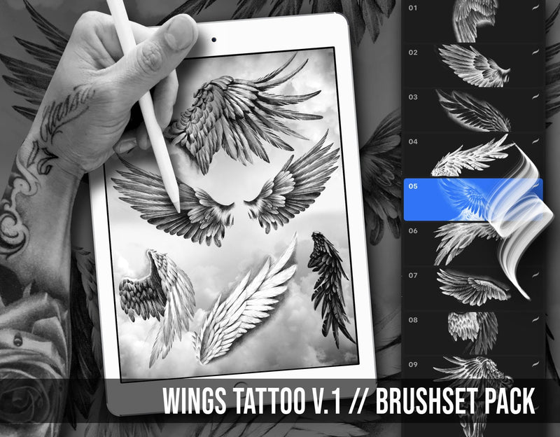 30 Realistic Tattoo Wings for Procreate application on iPad and iPad Pro by Haris Jonson